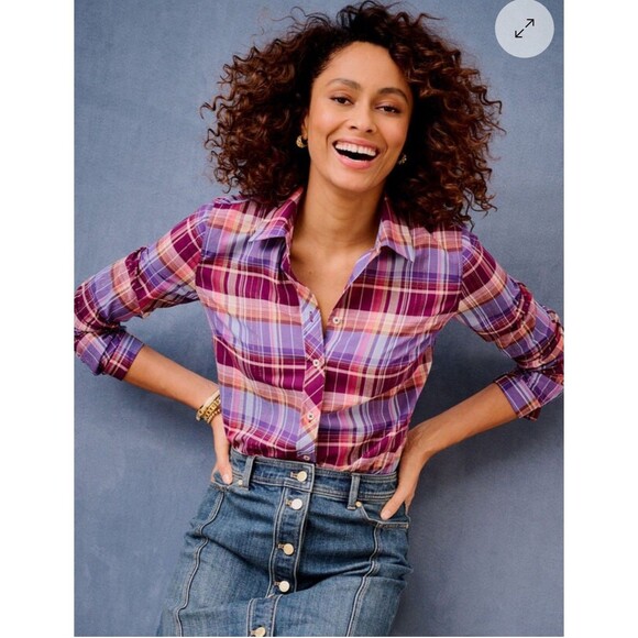 TALBOTS Cotton Button Front Shirt Fabulous Plaid Plus Size 2X Purple NEW Casual - Picture 1 of 10